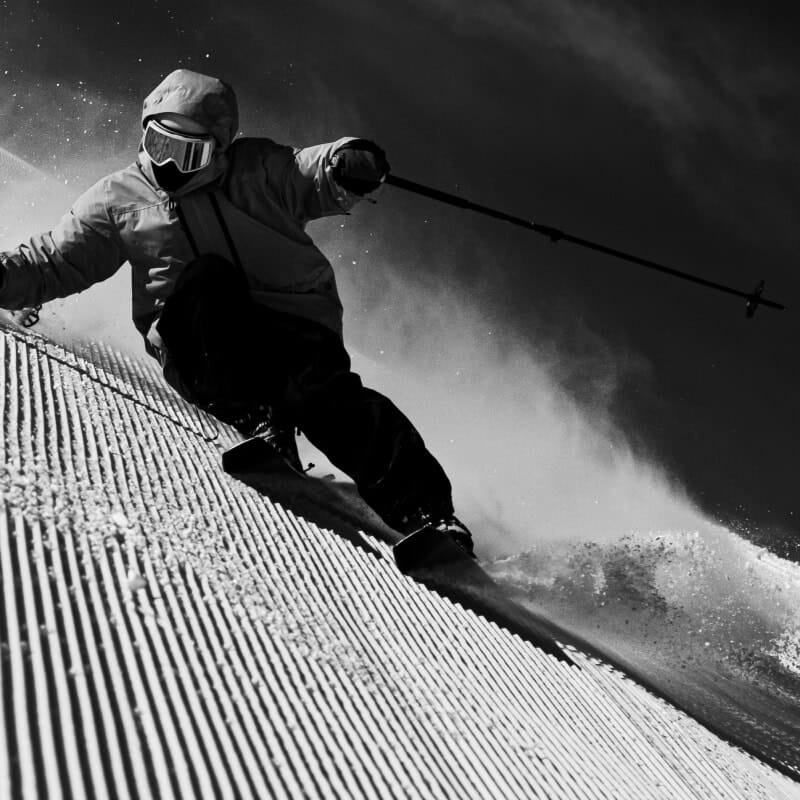Laurent De Martin riding Simply. skis Carver. on fresh prepared slope